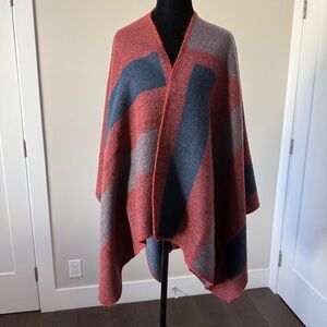 Oversized Colorblock Knit Poncho / Wrap — Red, Navy & Gray — One Size